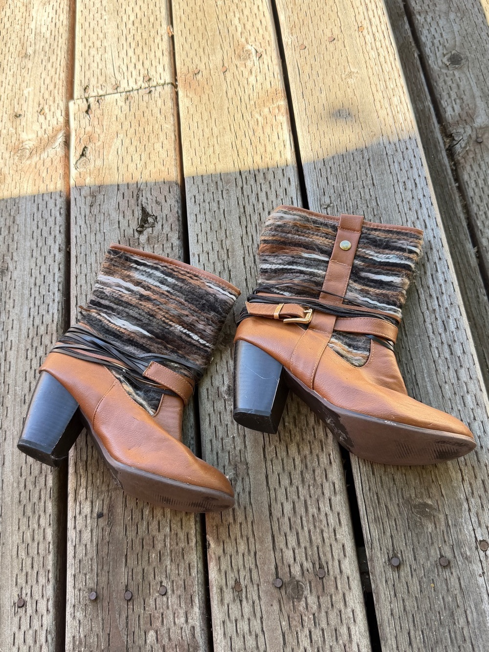 Francesca's Collections Tan and Multi-Stripe Wool Mid-Calf Heeled Boots - Picture 2 of 3